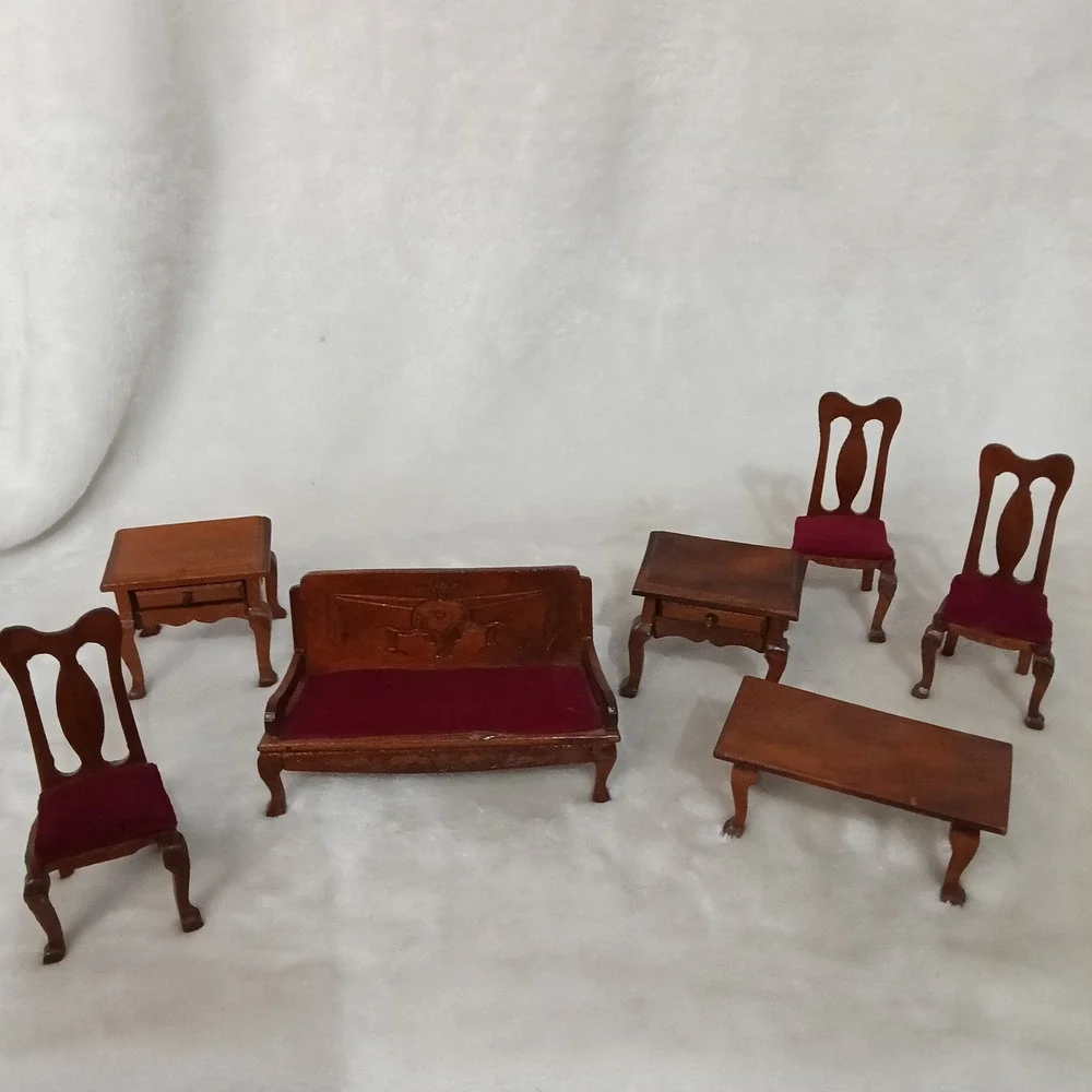 Vintage Miniature Wood Dollhouse Furniture Set 7pc Settee Chairs Tables Burgundy